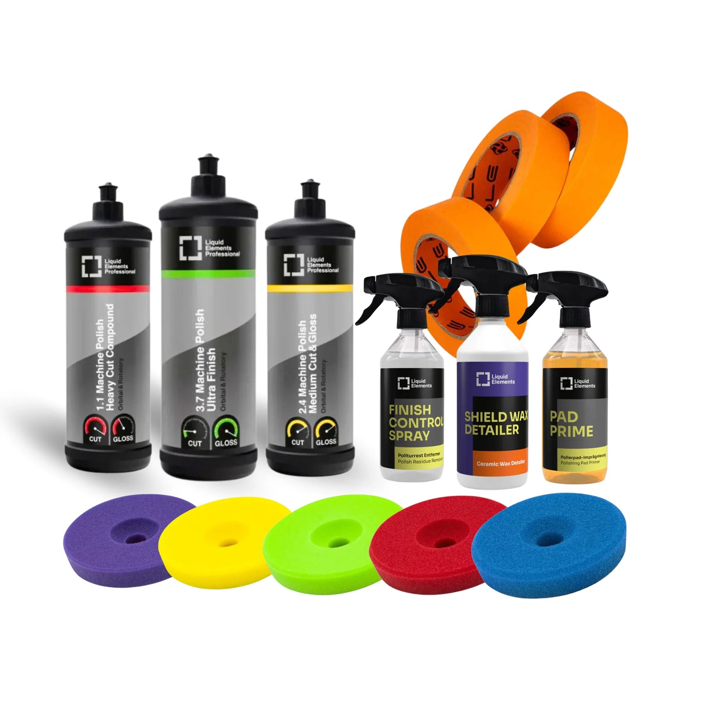Liquid Elements Essentials Bundle met polijstmiddelen Centriforce V2 pads Pad Prime Finish Control Shield Wax Detailer en Tape Box 19mm