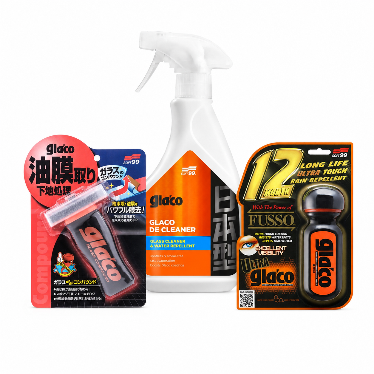Soft99 Glaco Glass Kit met De Cleaner, Glass Compound en Ultra Glaco